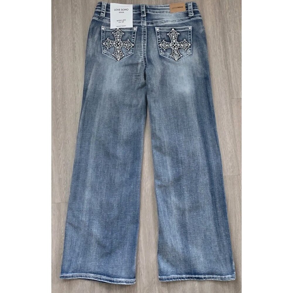 Love Soho Denim Women’s Jeans Size 15 Wide Leg Low Rise Embroidered - Picture 3 of 14